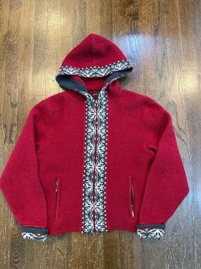 Woolrich Vintage 100% Wool Snowflake Full Zip Hooded Jacket Ruby Red Sz L